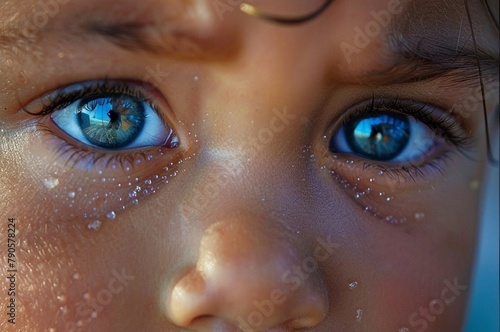 Wide shot of a child's adorable eyes filled with tears. One big tear on my cheek.Emotions
