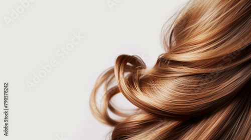 A back view of fashionable brownish synthetic hair  presented against a white backdrop.