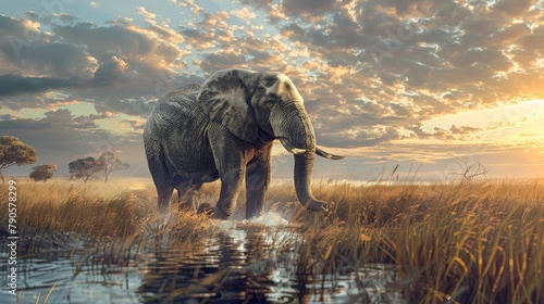 A large elephant is standing in a field of tall grass near a body of water photo
