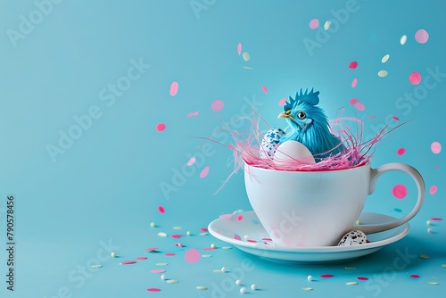 ??inimalistic conceptual art photo of a blue chicken and quail eggs in a white coffee cup on a saucer, decorated with a pink sisal and confetti on a blue background. Copy space. Advertising design. .