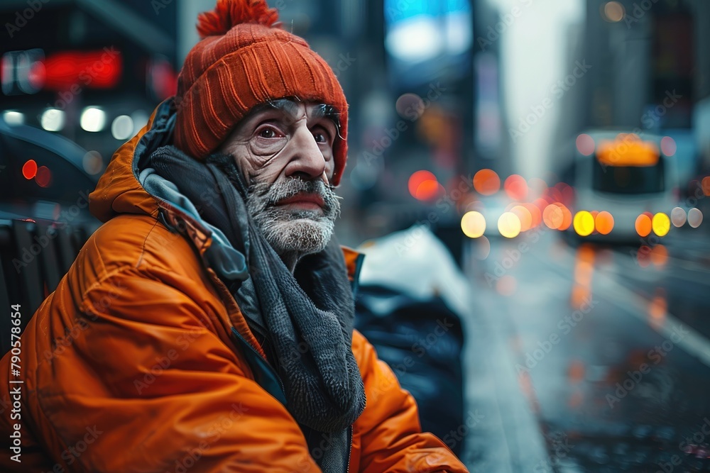 An elderly homeless man in an orange jacket on the roadway.