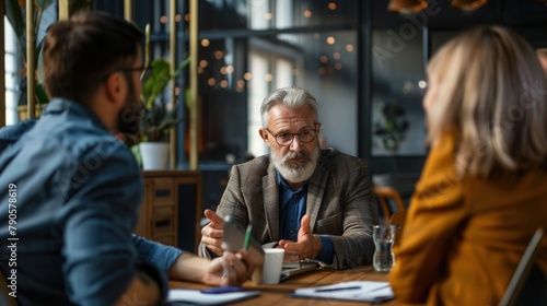 A mature businessman brainstorming ideas with his team in a conference room