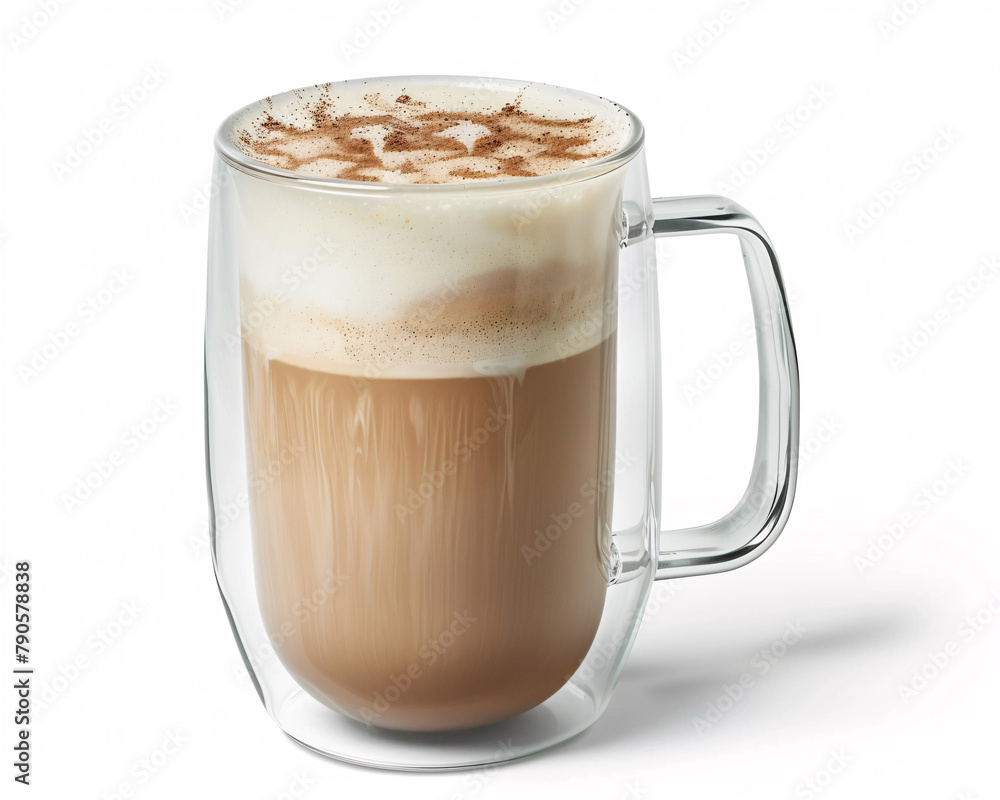 Obraz premium A Pumpkin Spice Latte Elegantly Presented in Double-Walled Glass Against a Minimalist White Background