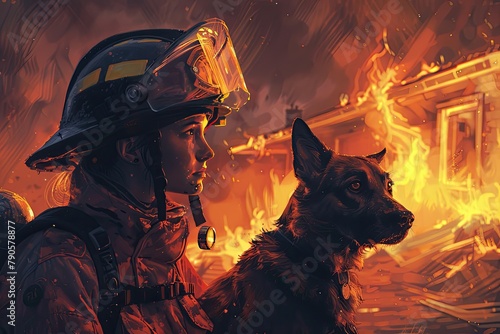 A female rescuer with a dog near a burning house. photo