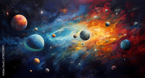 galaxy background, planets and moons