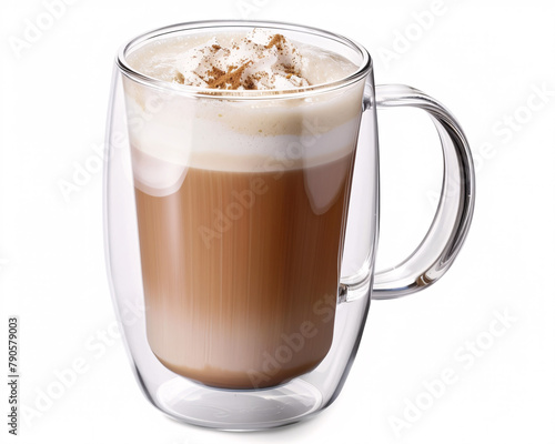 A  Pumpkin Spice Latte Elegantly Presented in Double-Walled Glass Against a Minimalist White Background