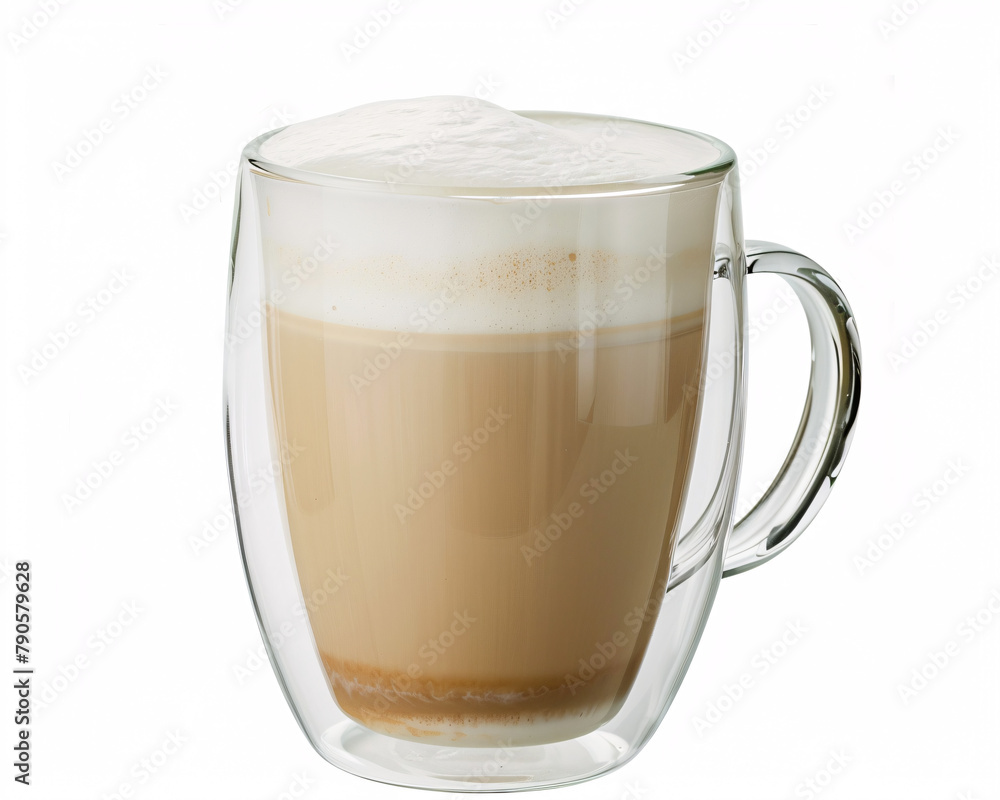 A Latte Coffee Varieties Elegantly Presented in Double-Walled Glass Against a Minimalist White Background A Latte Coffee Varieties Elegantly Presented in Double-Walled Glass Against a Minimalist White Background