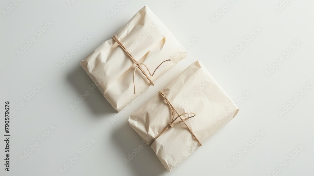 Elegant simple gifts wrapped in craft paper with twine on a bright background Elegant simple gifts wrapped in craft paper with twine on a bright background