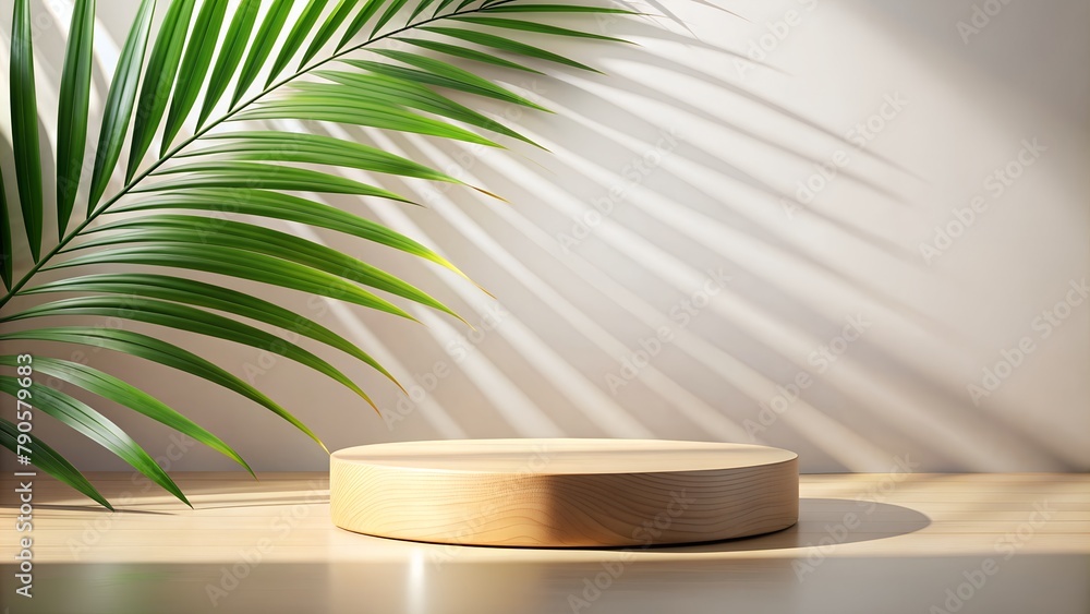 Minimal Wooden Stand with Palm Leaf Backdrop, Bathed in Sunlight for Product Presentation. Minimal Wooden Stand with Palm Leaf Backdrop, Bathed in Sunlight for Product Presentation.