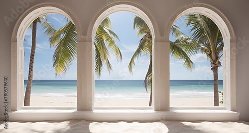 windows overlooking the sea and palm trees