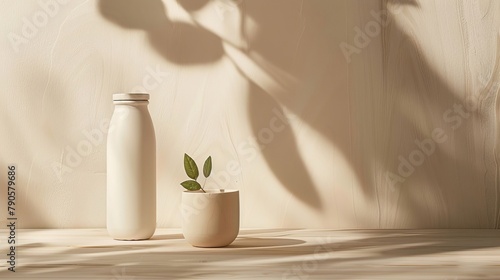 Minimalistic eco-friendly bottle and plant pot on wooden surface