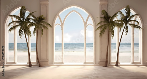 windows overlooking the sea and palm trees