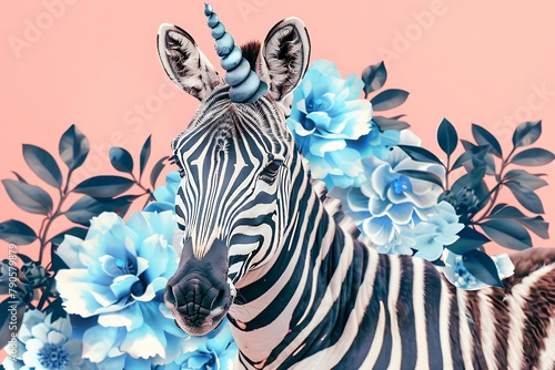 Modern design. Contemporary art collage. Dreaming about being better. An alternative zebra like a unicorn in blue flowers on pink background. Negative space. Modern design