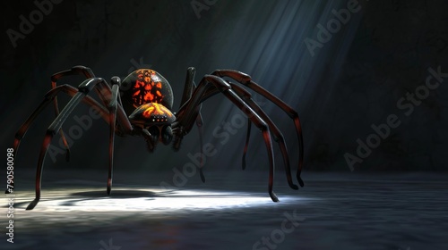 Arranges an eerie scene in which a spider s vibrant red markings are illuminated by a single beam of light in a dark room, emphasizing its predatory and mysterious nature photo