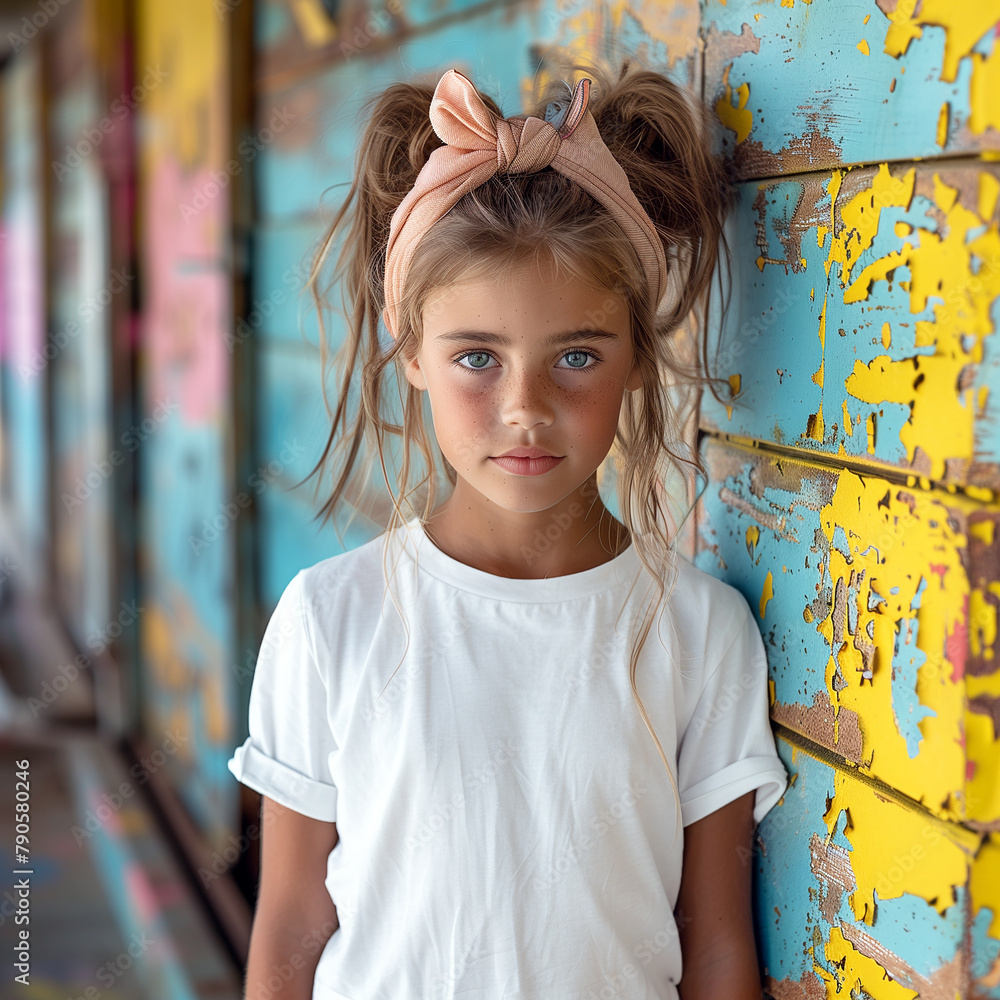 Fototapeta premium Kid girl model in white Bella Canvas 3001t. Kid in blank tshirt, front view mockup. Outdoor summer holidays, vacation children mockup, short sleeve t-shirt template. Child age 6, 7, 8 years old 