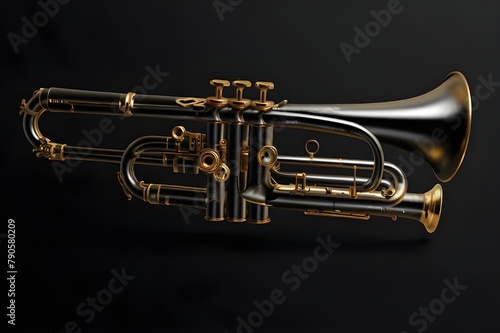 Music trumpet fictional instrument air decorated, horizontal banner black background with copy space for jazz music concert. Generative AI 