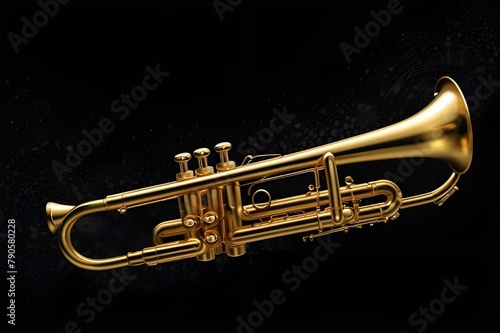 Music trumpet fictional instrument air decorated, horizontal banner black background with copy space for jazz music concert. Generative AI 
