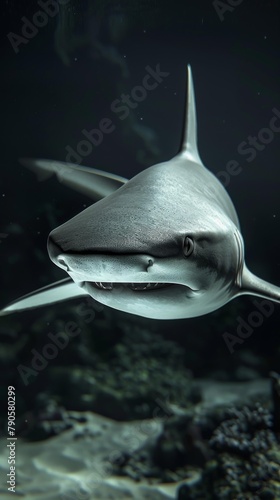 Uses underwater lighting techniques to capture a shark emerging from the shadows  its dark gray skin absorbing rather than reflecting light  emphasizing its role as a ghostly presence in the marine ec