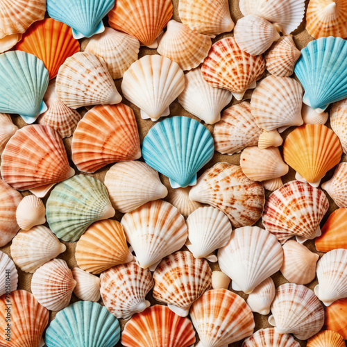 Bright colorful summer background from scallop sea shells