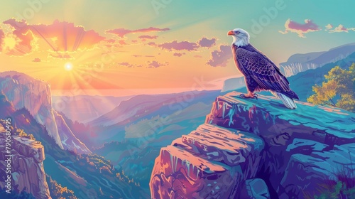 Uses the last light of sunset to illuminate a bald eagle as it settles onto a high cliff, the stark whites of its head and tail glowing against the fading light, encapsulating the serene majesty of th