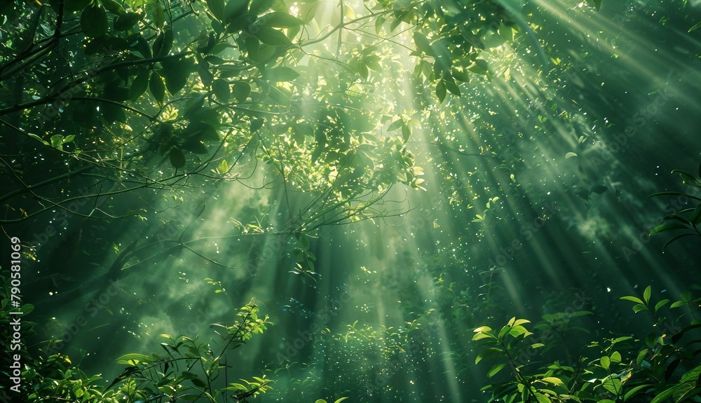 Sunbeams Through Foliage: Sunbeams filtering through the lush green leaves of a forest canopy, creating a dappled pattern of light and shadow