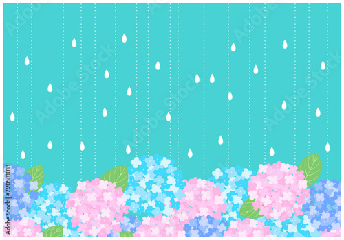 梅雨景色のあじさいフレーム背景14緑色
