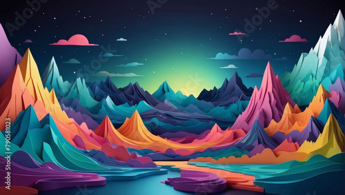 Vector D abstract background with paper cut shapes. Colorful carving art. Paper craft Aurora Borealis landscape with gradient colors.