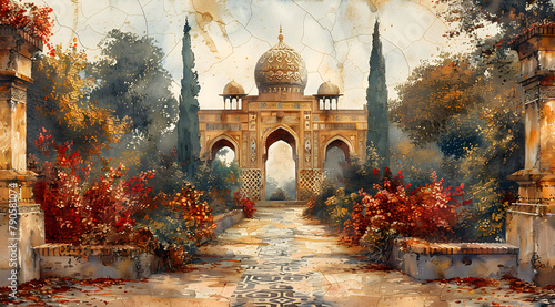 Dusk in the Oasis: Watercolor View of Middle Eastern Garden with Mosaic Background