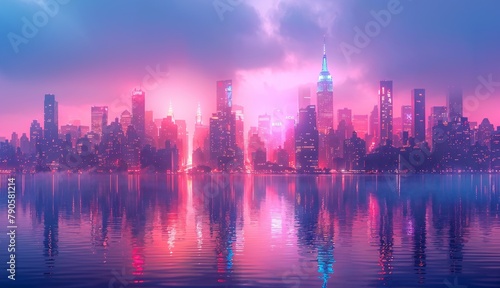 Glowing City Skyline: A panoramic view of a city skyline at dawn, with buildings illuminated in soft pastel hues, creating a magical atmosphere