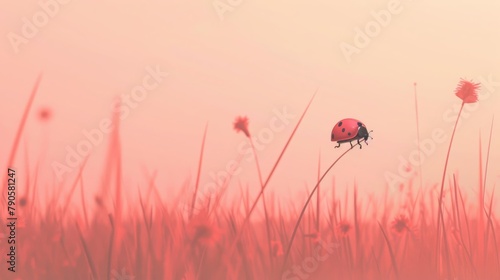 Uses a gentle sunrise to backlight a ladybug on a blade of grass, the bright red of its shell glowing against the light, showcasing its charming silhouette in a peaceful morning scene © kitidach