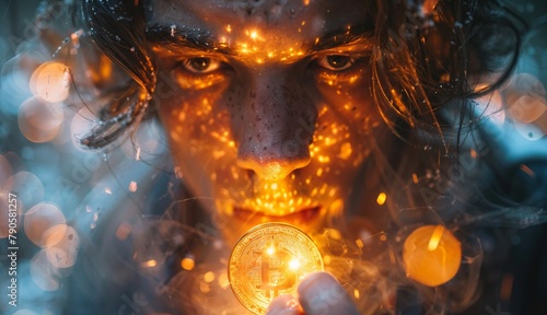 Unlocking Financial Freedom: A person holding a glowing Bitcoin in their hand, with a look of hope and empowerment on their face, signifies the potential for financial freedom through cryptocurrency
