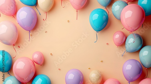 A playful and festive arrangement of pastel-colored balloons floating against a warm peach background  evoking a sense of celebration and joy