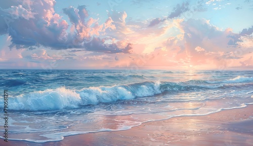 Pastel Seascape: Gentle waves hitting the sandy beach. The skyline is a mix of pastel shades of blue and pink. photo