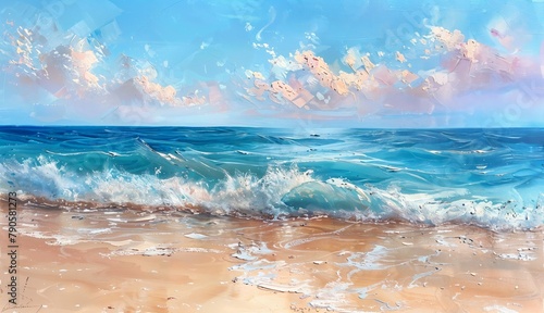 Pastel Seascape: A gentle waves lapping against a sandy beach, with the horizon a blend of pastel shades of blue and pink photo