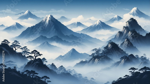 Traditional oriental mountain scene in calming blue tones  featuring a minimalist Japanese style with fog-shrouded peaks  colors adjusted for each image.