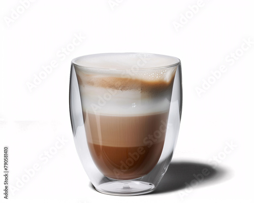 A Caramel Macchiato Coffee Varieties Elegantly Presented in Double-Walled Glass Against a Minimalist White Background
