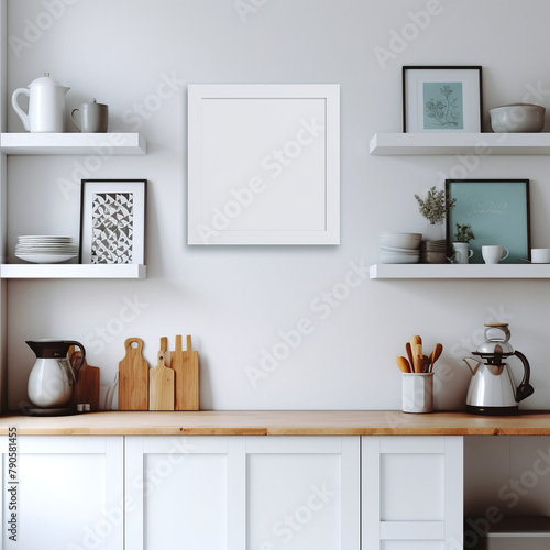 mockup of simple decors style kitchen with an empty wall frame  photo