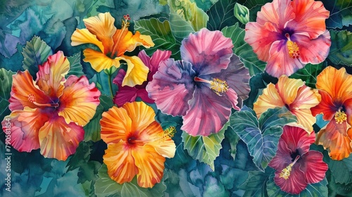 An array of tropical hibiscus with vivid colors splashed in watercolor