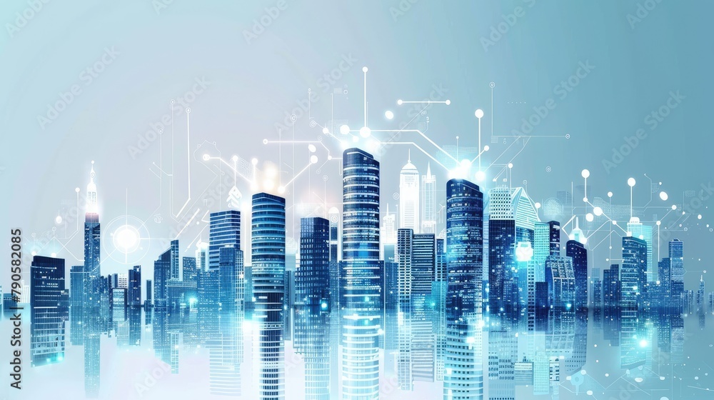 Smart city financial district with interconnected buildings and automated systems