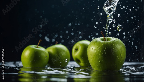 Green apple, sinking in water with splashes