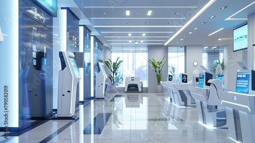 Modern bank interior with digital kiosks and robotic assistants