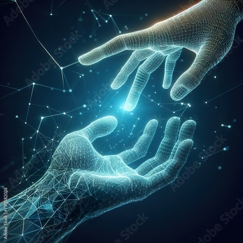 Abstract wireframe human hand reaching or giving something, blue background. Concept of technology and digital creation with polygon mesh