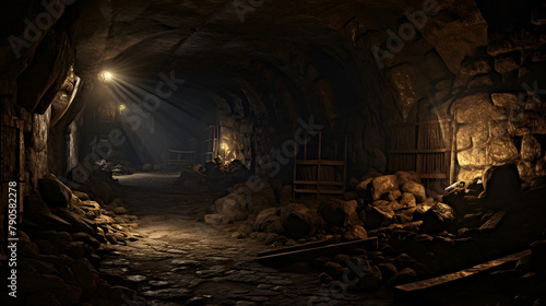 Spooky old dungeon abandoned cellar rusty arch illuminated corridor with black background photo