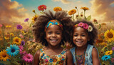 Happy, smiling African American toddlers with hippie symbols and flowers

