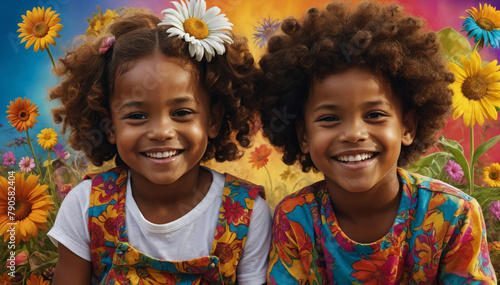 Happy, smiling African American toddlers with hippie symbols and flowers

 photo