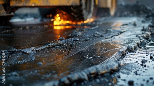 Fresh hot oil being distributed onto the surface by asphalt machinery