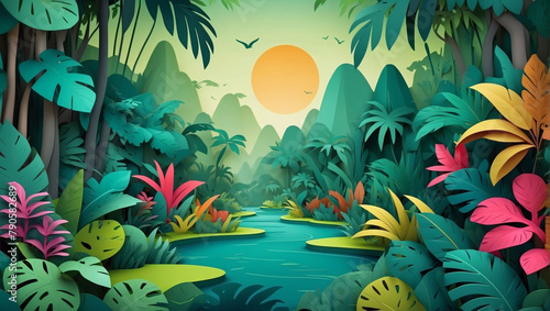 Vector D abstract background with paper cut shapes. Colorful carving art. Paper craft Tropical Rainforest landscape with gradient colors.