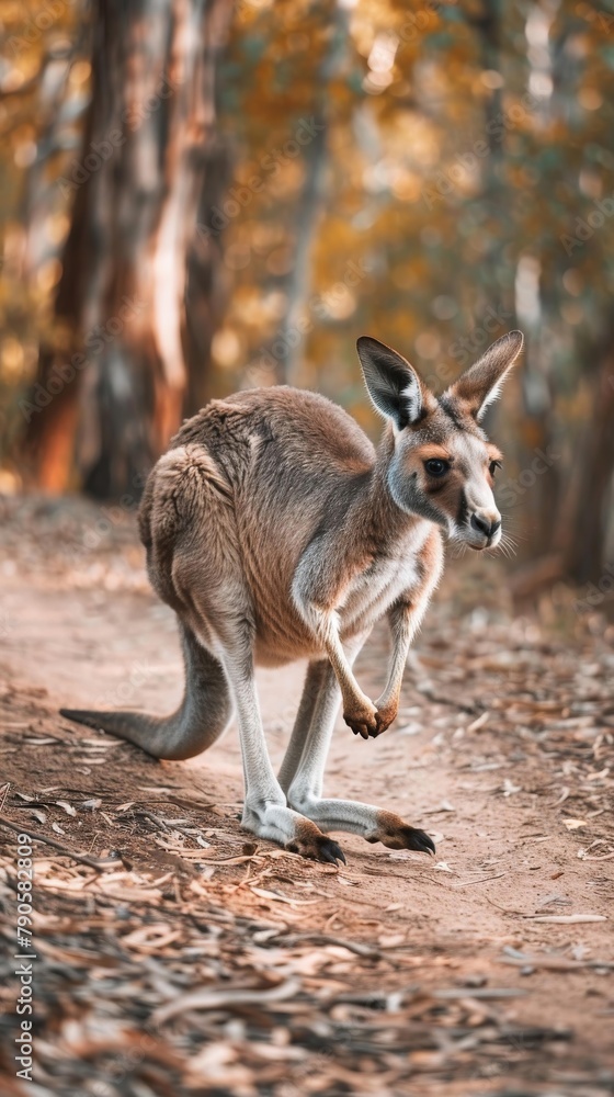 Showcases a kangaroo hopping down a dusty outback trail, the warm browns of its body merging seamlessly with the rugged environment, embodying the essence of Australia s wild outback