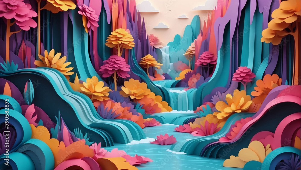 Vector D abstract background with paper cut shapes. Colorful carving art. Paper craft Waterfall Cascade landscape with gradient colors.