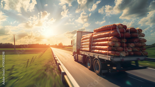 Cargo truck full of sausages on the road in the american countryside and sunset. Concept of high quality food products, cargo and shipping.